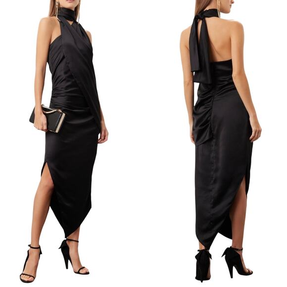 ARIAS NEW YORK Black Crepe Asymmetrical Drapey Halter Formal Cocktail Dress Sz 2 - Picture 1 of 7
